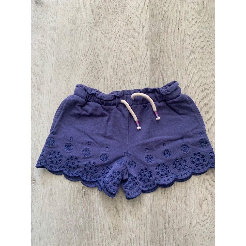 Mini Boden Girls Purple Eyelet Scalloped Hem Jersey Shorts 3Y Floral Embroidered